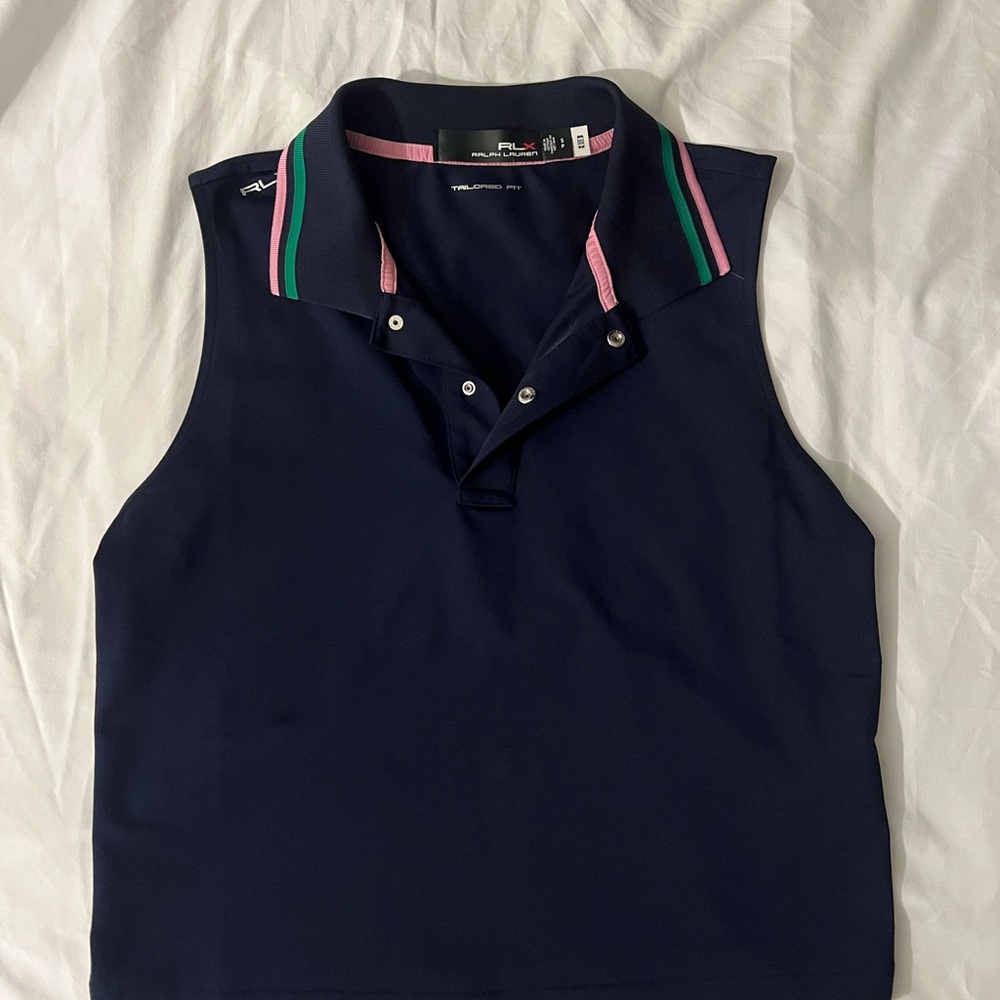 Ralph Lauren Cropped Navy Golf Polo with Pink Trim